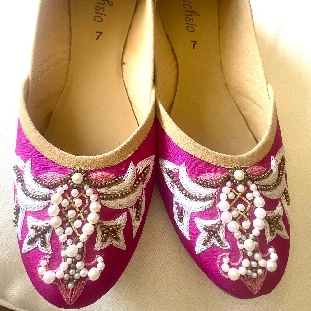 Fuschia Embroidered Silk and Pearl Ballet Flats
